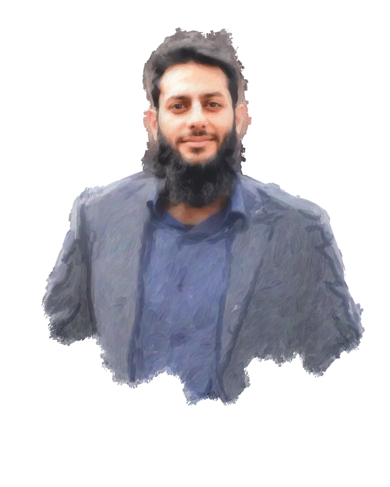 Usman Kaisser Moghal in a grey blazer, painted in watercolour brush strokes over his photo
