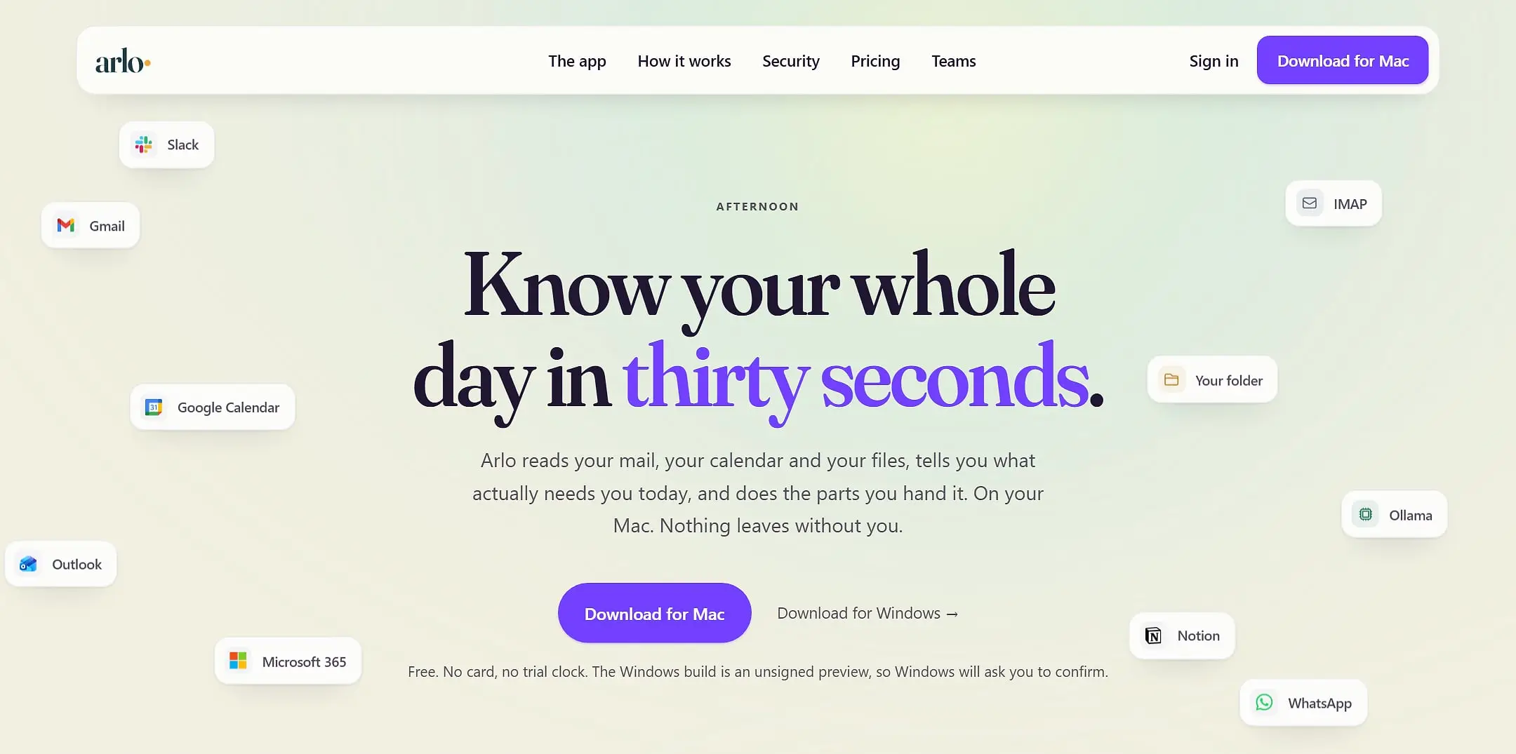 The top of Arlo's public site: the headline and download buttons, surrounded by the services it connects to.