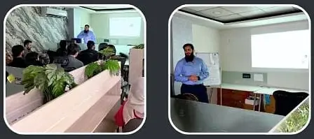 Two workshop moments: Usman presenting to a room, and Usman speaking by a whiteboard